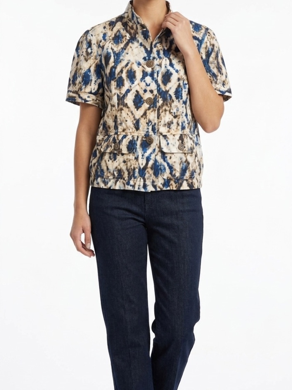 Chico’s 100% cotton short sleeve button front jacket top, size 8 US (Chico’s 1)
